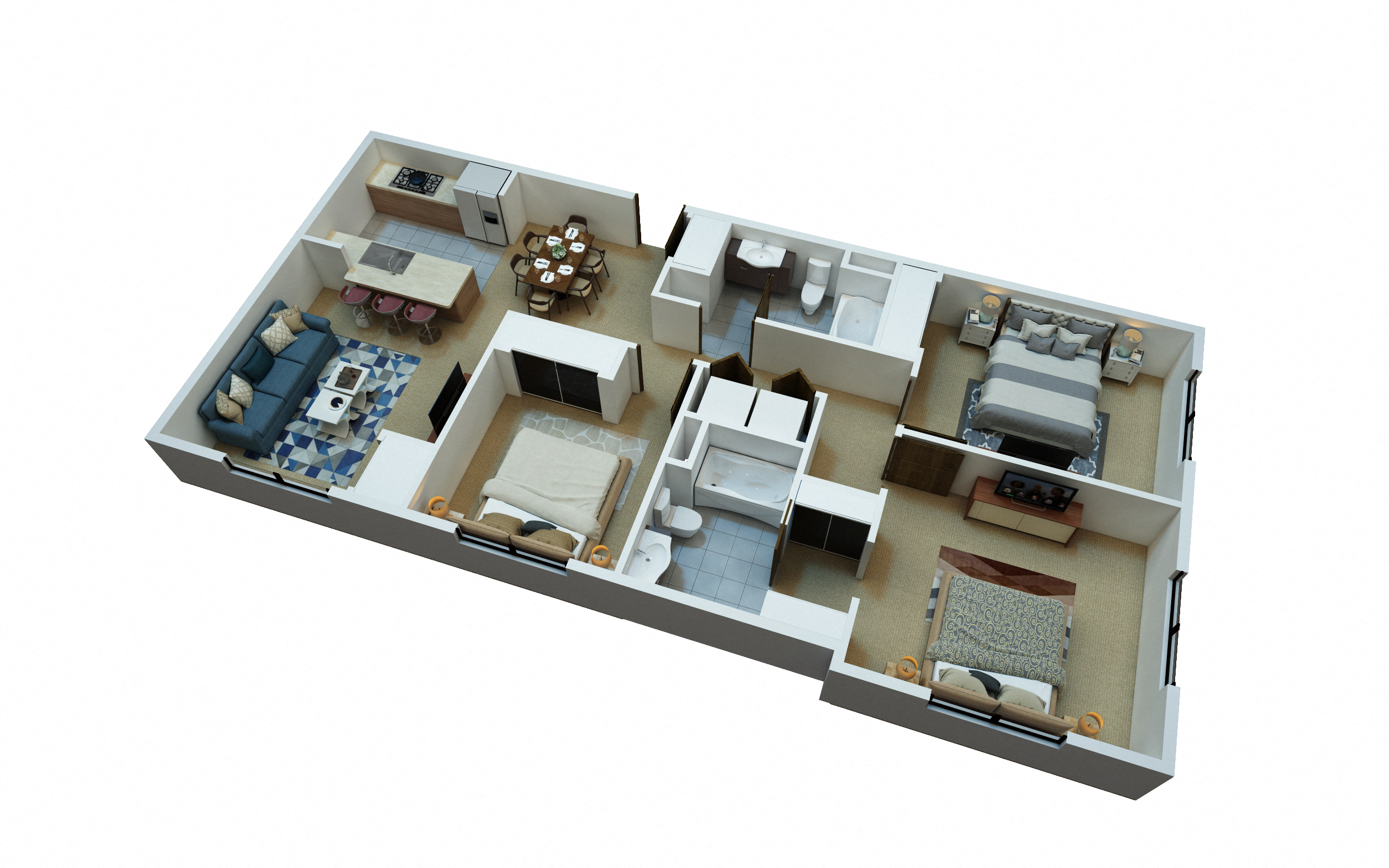 Floor plan for 3 beds, 2 baths, 1257 sqft